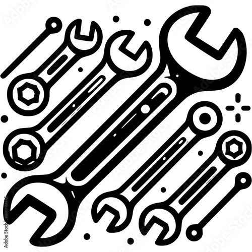Wrench kit in monochrome. Repair locksmith instrument. Simple minimalistic vector in black ink drawing on transparent background