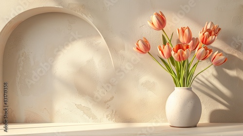 Minimalist digital illustration of pastel pink and orange tulips in an elegant white vase, framed by an arch-shaped border. tranquility and simplicity #831719358