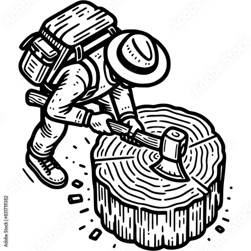 Woodcutter with backpack over his shoulders chops large tree with ax in monochrome. Preparing firewood for campfires. Simple minimalistic vector in black ink drawing on transparent background