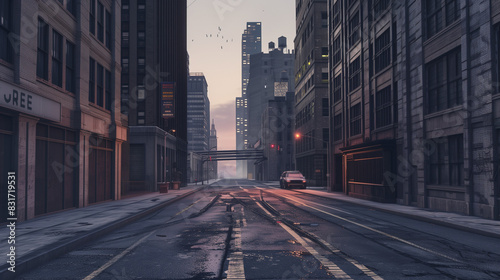City Road at Dusk with Dim Streetlights and Tall Buildings