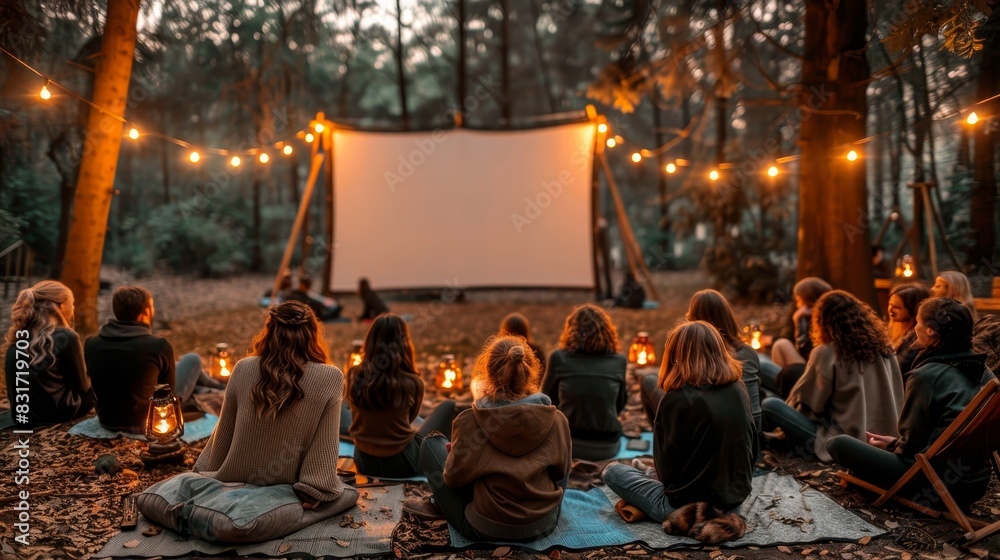 Community gathering for outdoor movie screening on large screen enjoying cinema under the stars Community gathering for outdoor movie screening on large screen enjoying cinema under the stars