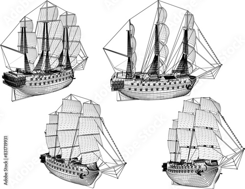 Vector illustration sketch vintage classic old traditional ethnic sailing ship detail design drawing