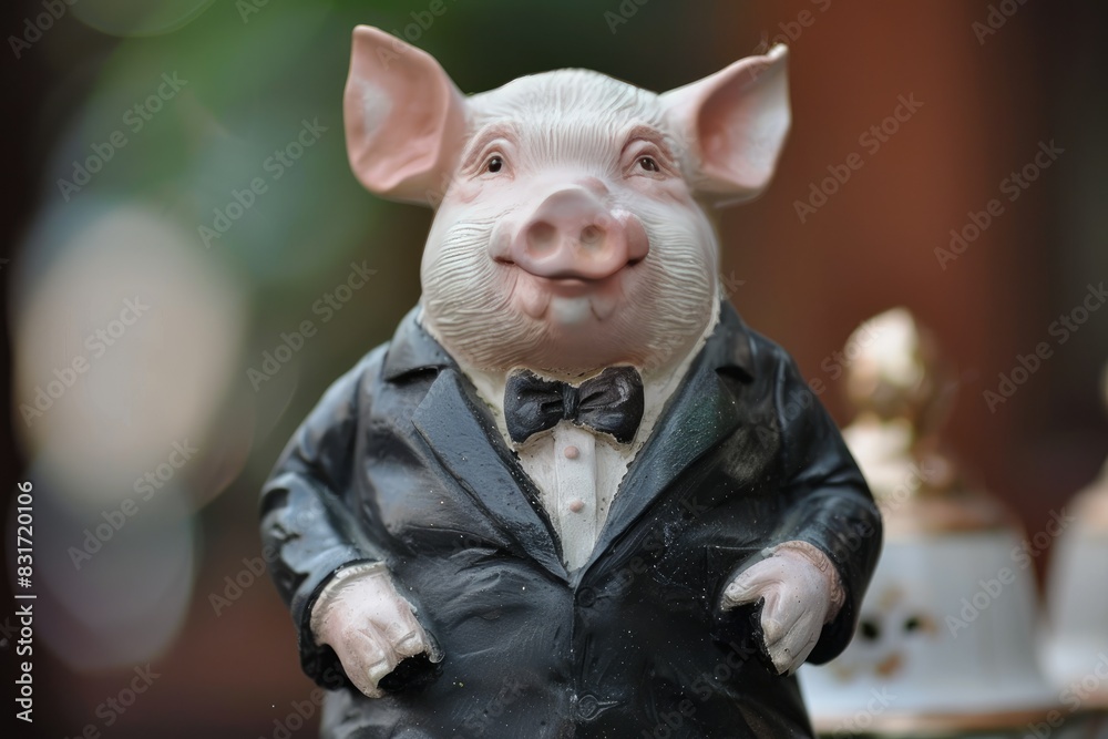 A pig figurine in a suit and bow tie exudes a cute and unique charm. Its whimsical and creative design stands out.

