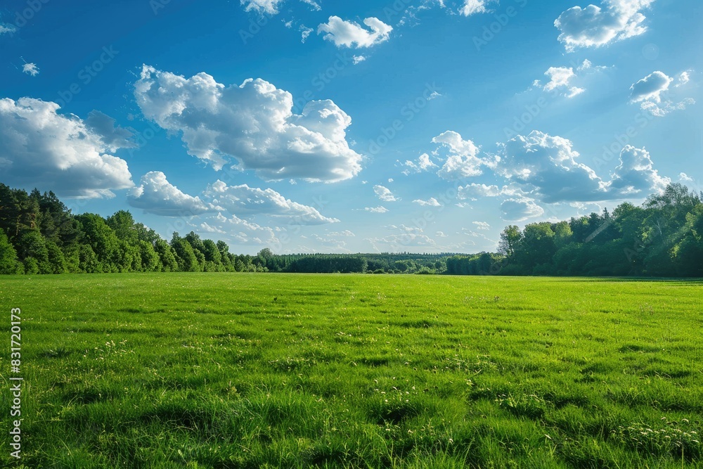 Fototapeta premium A green grass field under a blue sky during daytime gives a peaceful and beautiful feeling. The vitality of nature combined with clear weather provides a refreshing experience for the viewer.