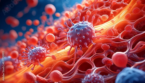 A dynamic image of a virus being neutralized by a nanobot in the bloodstream, showing the photo