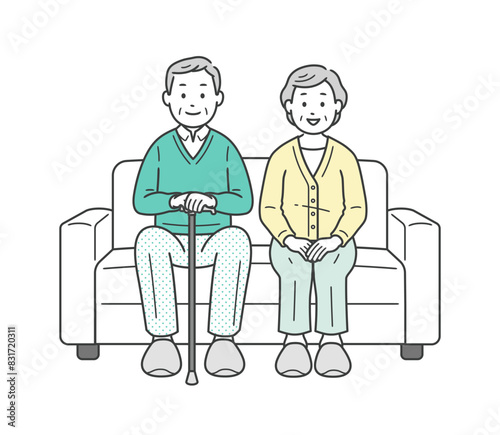 老夫婦が並んでソファに座っている全身イラスト