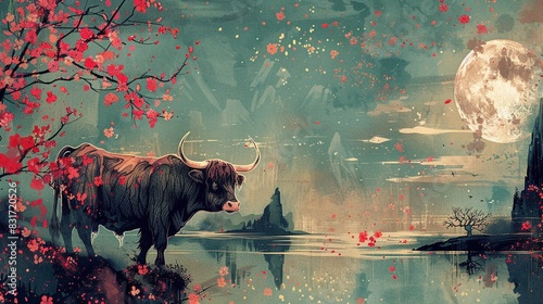 Vintage retro Japanese style painting, Highland cow with cherry blossoms, handdrawn, traditional oriental night scene, bright moon and stars, charming nature