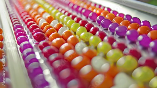 Close-up on conveyor belt of coated pills  glossy finish  vibrant colors  clear focus 