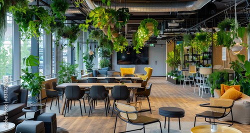 A modern open office space with greenery atmospher and ecofriendly design, showcasing an organic modern style. photo