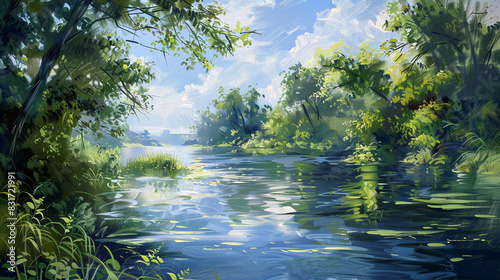 Impressionistic painting of a tranquil summer river, featuring cool blue tones and rich green foliage, photo