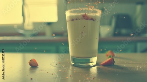Glass of milk is shaken on table. photo