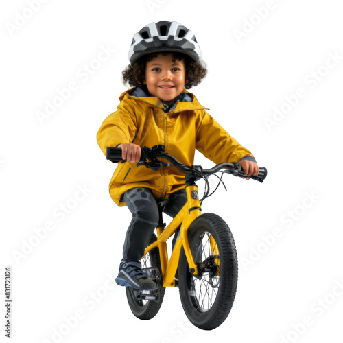 Little child riding a bike, white background
