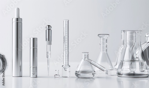 cosmetic product set banner with very light tones, transparent glass equipment on a white surface and a white wall behind, very clean and minimal image and very professional arranged