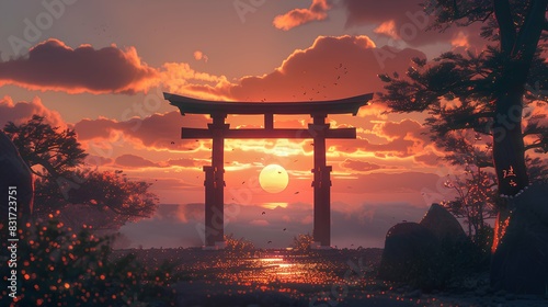 Traditional Japanese shrine with torii gate at sunset
