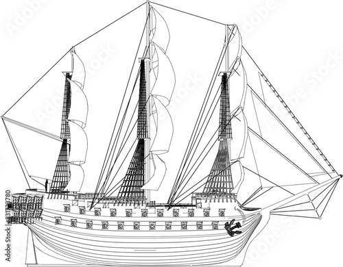 Vector illustration sketch vintage classic old traditional ethnic sailing ship detail design drawing