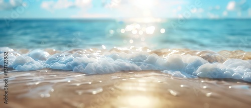 summer wallpaper with low angle closeup shore line with golden sand and a sparkling sea, natural light and blurred bright background