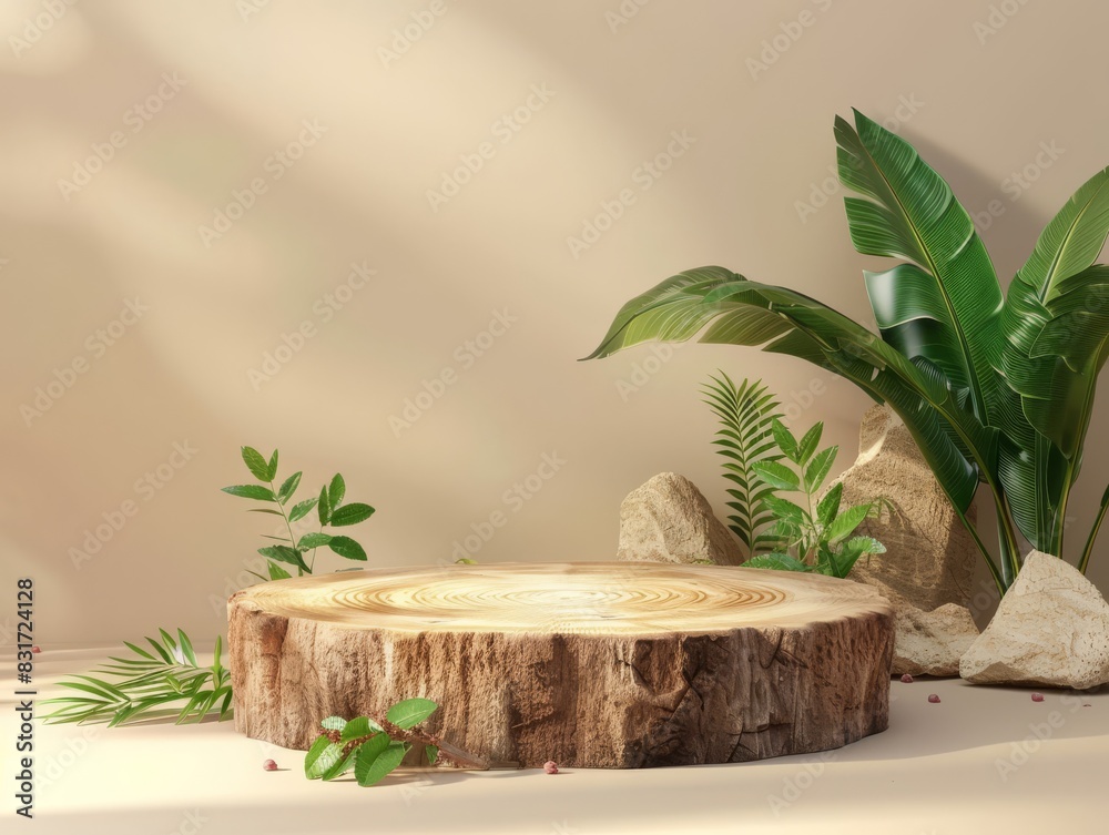 Obraz premium Wooden podium surrounded by soothing greenery