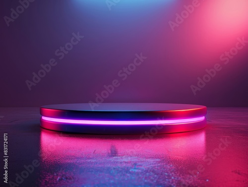 Neon lit circular podium shines in atmospheric darkness © Pure Imagination