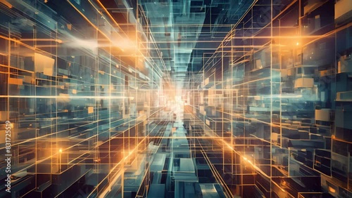Wallpaper Mural Abstract Digital Technology Background with Glowing Lines and Geometric Shapes Torontodigital.ca