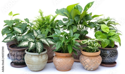 assortment of interior plants with decorative pots isolated on a white background