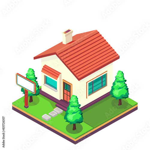 A detailed isometric view of a house with a green lawn, trees, and a for sale sign