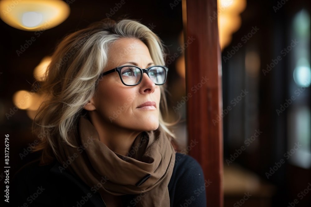 Portrait of a beautiful middle-aged woman with glasses in a cafe Portrait of a beautiful middle-aged woman with glasses in a cafe