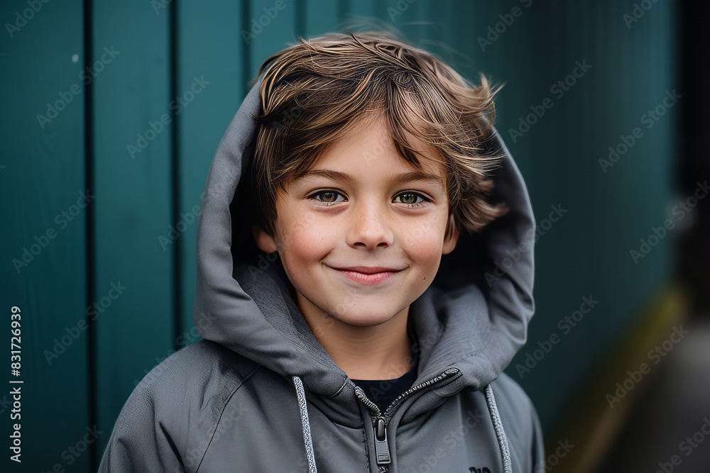 Portrait of a smiling little boy in a gray hoodie.