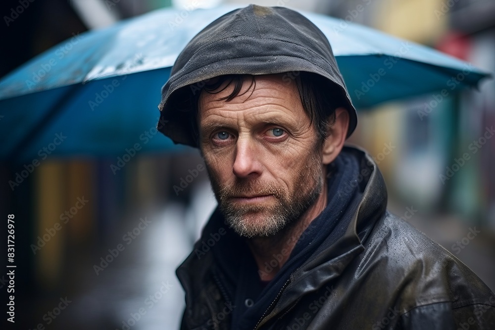 Portrait of a homeless man with a cap and jacket looking at the camera Portrait of a homeless man with a cap and jacket looking at the camera