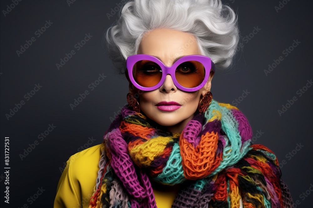 Fashion shot of a beautiful young woman wearing stylish sunglasses and a colorful scarf. Fashion shot of a beautiful young woman wearing stylish sunglasses and a colorful scarf.