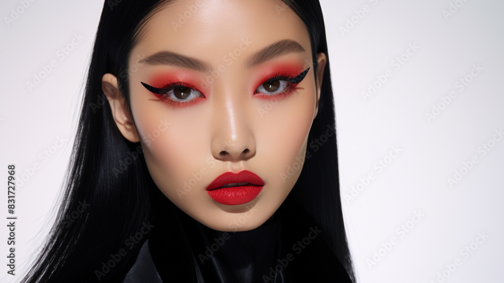 A close-up of an Asian woman with striking features, including bold eyeliner and red lipstick, set against a white background A close-up of an Asian woman with striking features, including bold eyeliner and red lipstick, set against a white background