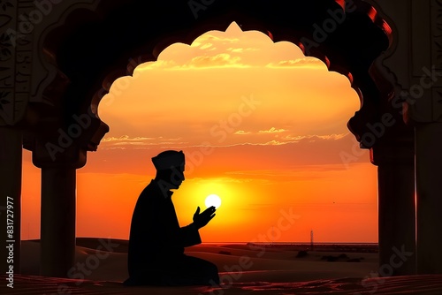 Silhouette of Muslim man in traditional hat praying at sunset with desert arch and golden sun on background, Eid Al Adha Mubarak, Islam, Religion, Muslim and spirituality concept photo