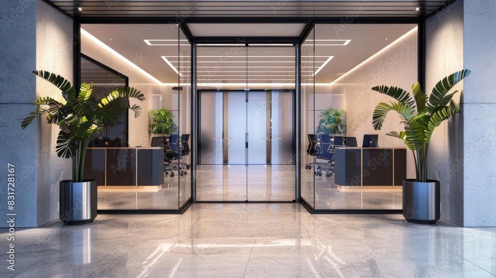 Green plants and glass doors in an office lobby Green plants and glass doors in an office lobby