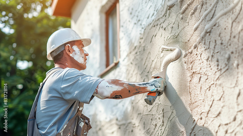 House stucco worker applying final layer on the exterior.