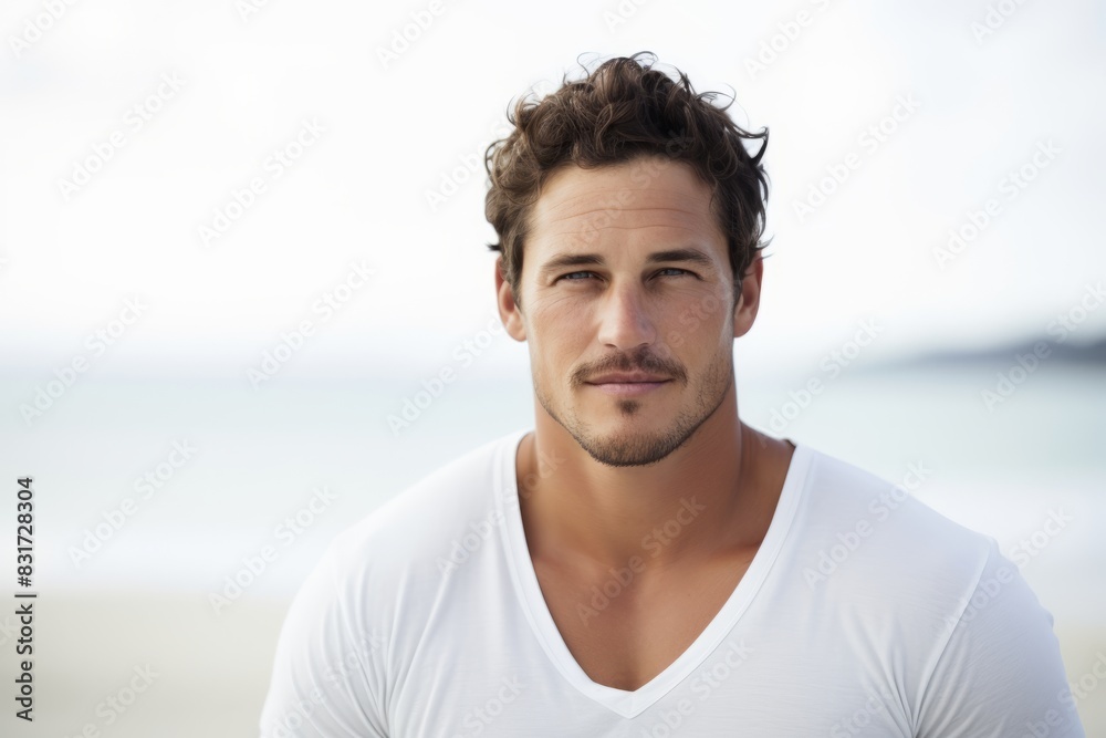 Portrait of handsome young man on the beach looking at camera. Portrait of handsome young man on the beach looking at camera.