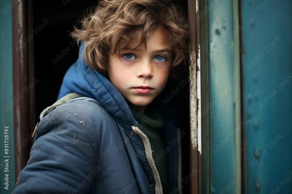Portrait of a little boy looking out of an old train window Portrait of a little boy looking out of an old train window