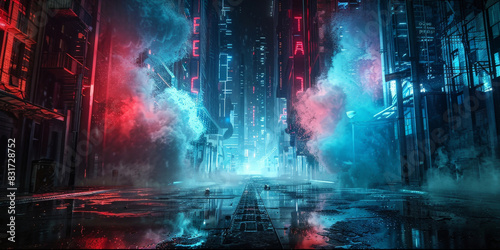 Dramatic street scene with contrasting blue and red fog illuminated by vibrant neon lights at night creating a surreal urban landscape
 photo