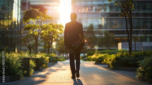 Businessman strides into the city sunset glow