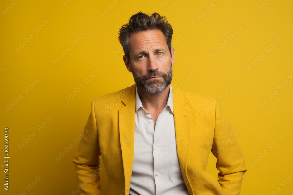 Portrait of a handsome bearded man in yellow jacket on yellow background Portrait of a handsome bearded man in yellow jacket on yellow background
