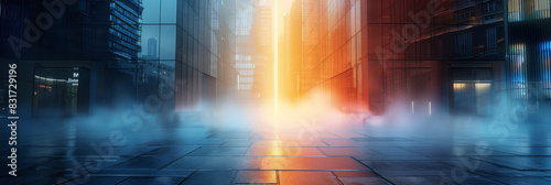 Dramatic street scene with contrasting blue and red fog illuminated by vibrant neon lights at night creating a surreal urban landscape 