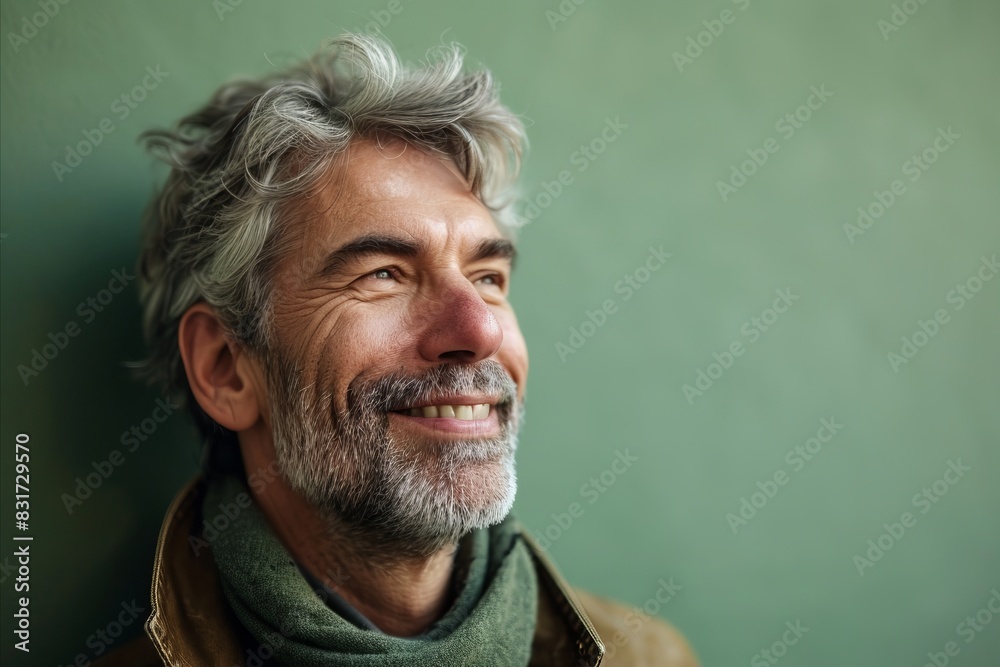 Portrait of a senior man with grey hair and beard smiling against green background