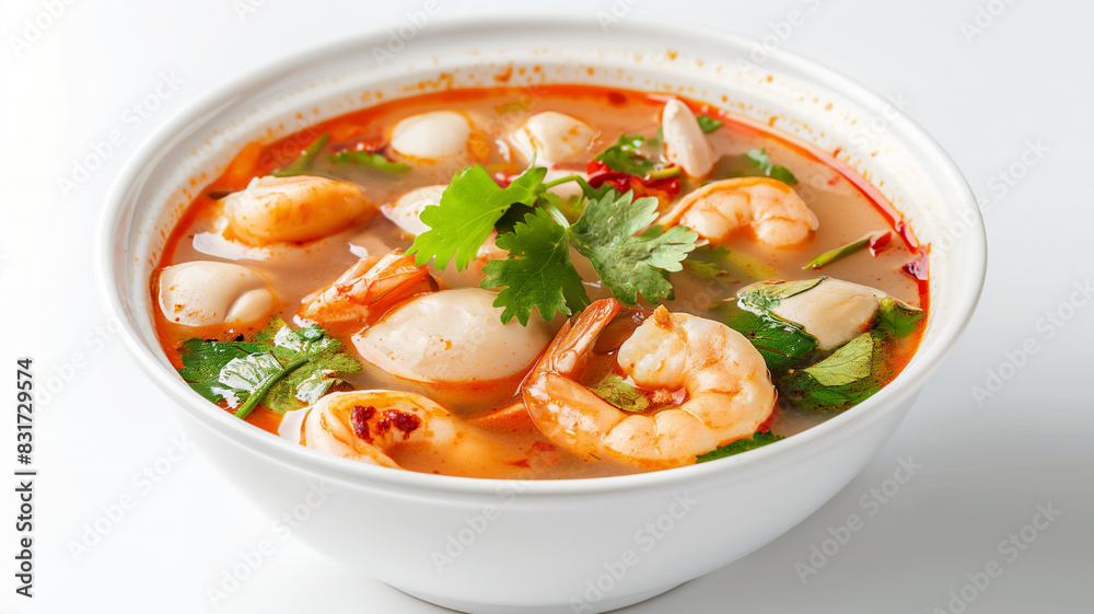 A bowl of spicy Thai Tom Yum soup with shrimp, mushrooms, cilantro, and chili, garnished with fresh herbs in a savory broth.