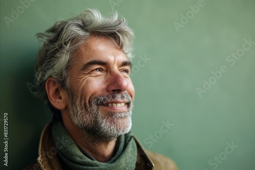 Portrait of a senior man with grey hair and beard smiling against green background