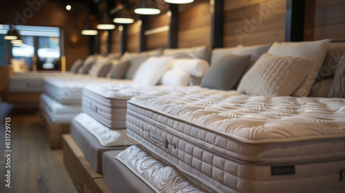 Mattresses on display inside a furniture retail store.