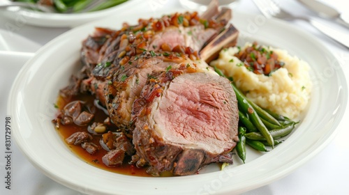 A beautifully plated gourmet dish with roasted lamb, garlic mashed potatoes, and green beans, white plate, bright background, professional lighting, clean and elegant composition, high-definition