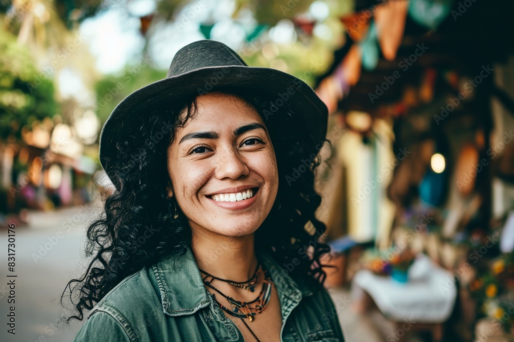 Portrait of a smiling young woman in a hat on the street Portrait of a smiling young woman in a hat on the street