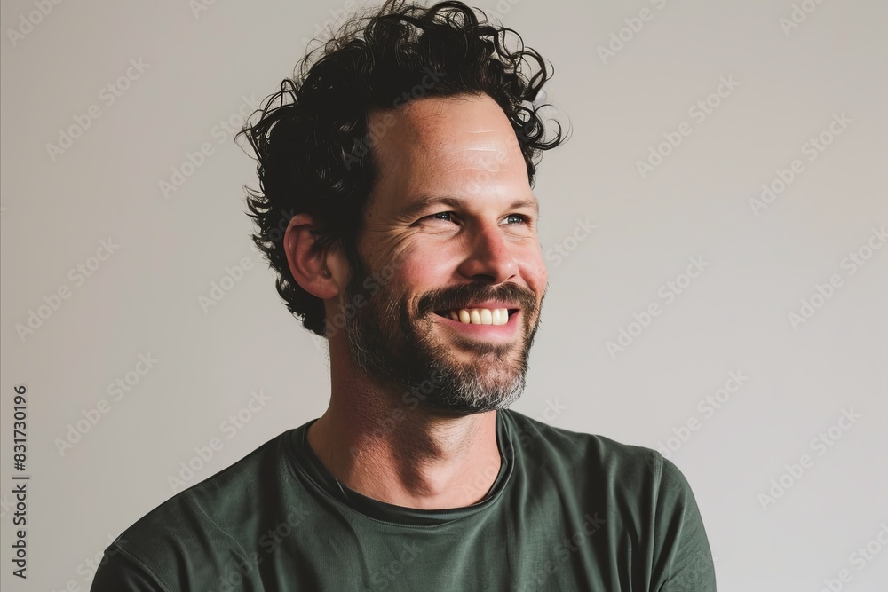 Obraz premium Portrait of handsome man with long curly hair smiling and looking at camera