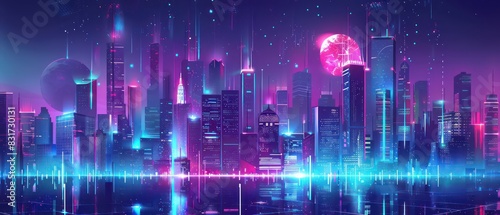 high tech and futuristic low angle illustration of a urban cityscape with modern architecture, amazing perspective and neon light effects © Dekastro