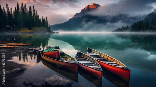 Canoes parked next to a lake, in the style of spectacular backdrops, photo - realistic techniques, i can't believe how beautiful this is, clear colors, puzzle - like pieces, mist, whistlerian photo
