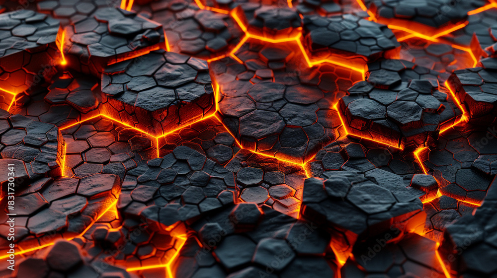 Hexagonal thermal pattern simulates high-energy combustion for tech visuals, Hexagonal thermal pattern simulates high-energy combustion for tech visuals,