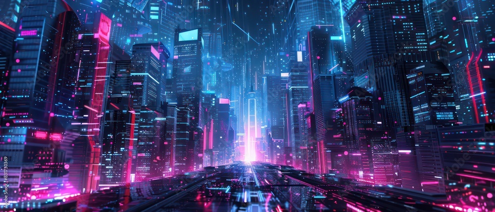 high tech and futuristic low angle illustration of a urban cityscape with modern architecture, amazing perspective and neon light effects